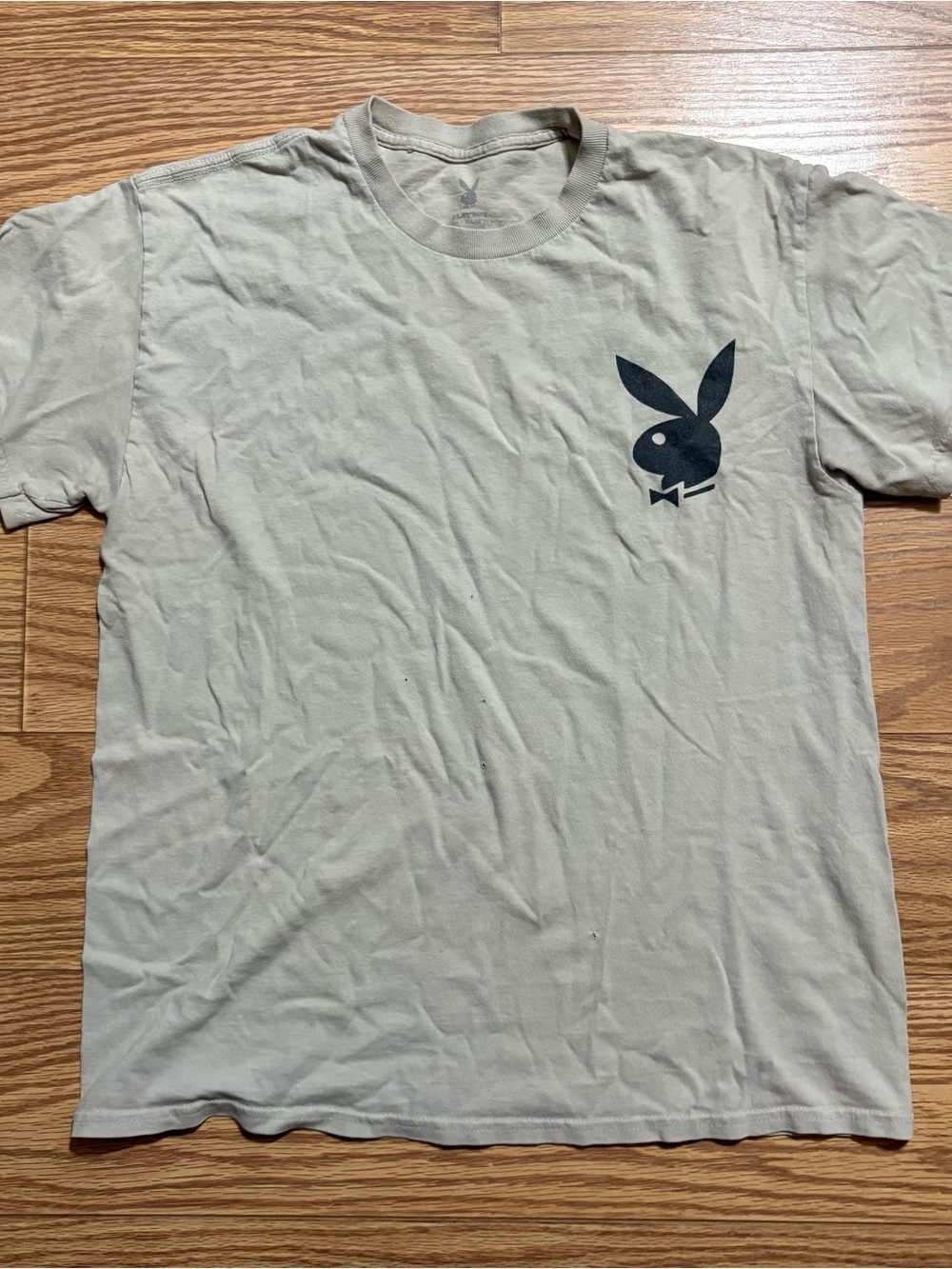 Playboy Bunny Logo Double Sided Spell Out Beige Shirt Men’s Medium 100% Cotton